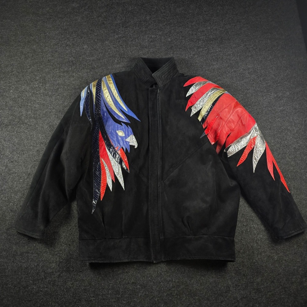 Augustina Taos Suede Leather Jacket Bird Snakeskin Southwest Black Women's L - Picture 2 of 15